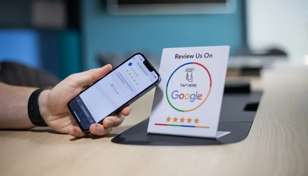 Customer taps on Google review card to leave a review