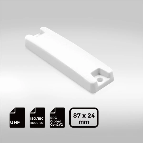 Durable polycarbonate RFID tag designed for metal surfaces. Chip: Impinj Monza R6-P. Size: 8724mm. IP67-rated.