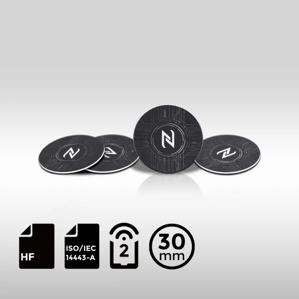 Compact 30mm NFC tag featuring MIFARE Ultralight C chip with ferrite layer for metal surface performance