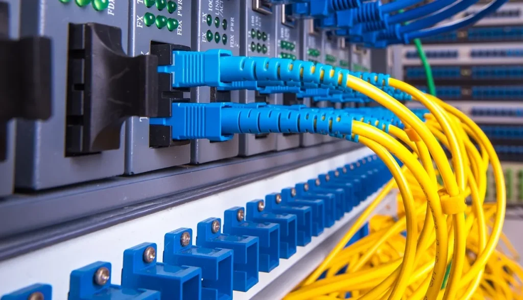 Fiber optic cables connected to network equipment in an industrial setting.