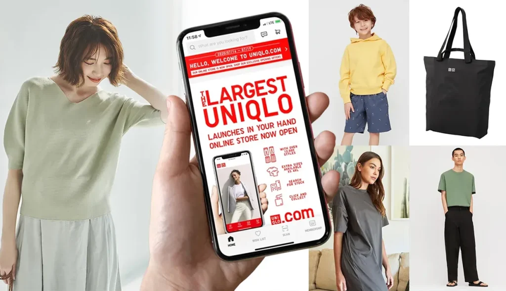 Uniqlo mobile app homepage displayed on a smartphone, with apparel product imagery.