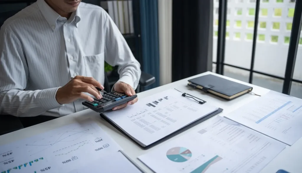 Business professional analyzing financial data with charts and a calculator, representing cost analysis of RFID vs LPR systems.