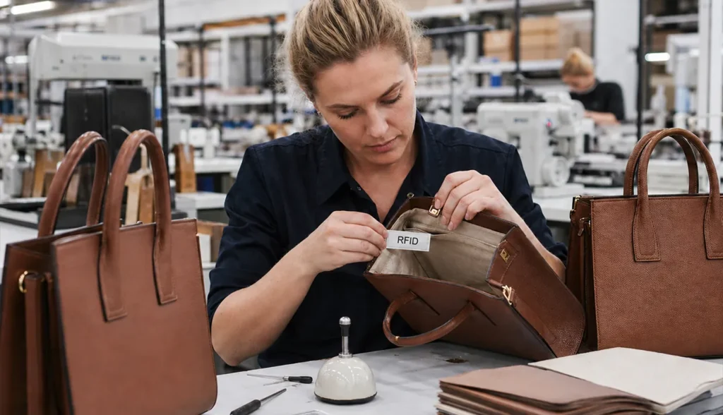Factory worker applying a Gen 2x RFID tag to a luxury handbag during production, integrating secure authentication at the source.