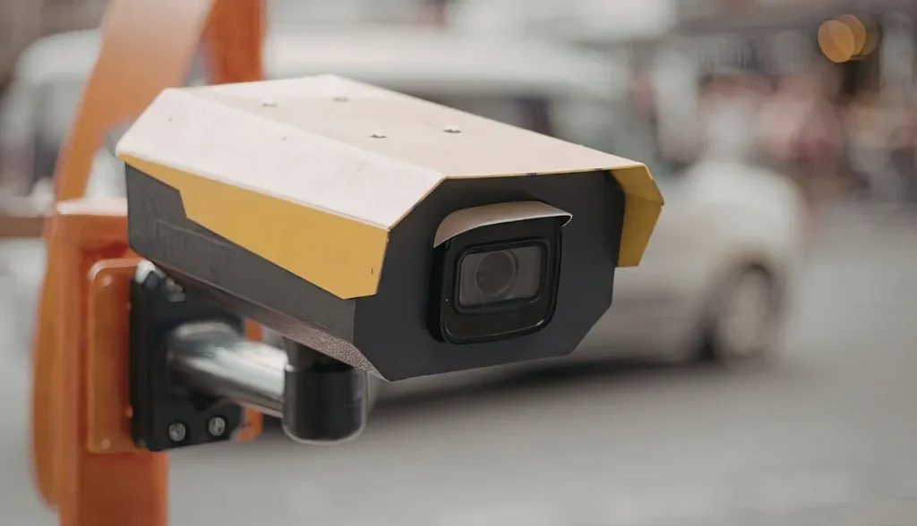 Close-up of an LPR traffic camera mounted on a pole, representing traditional license plate recognition technology.