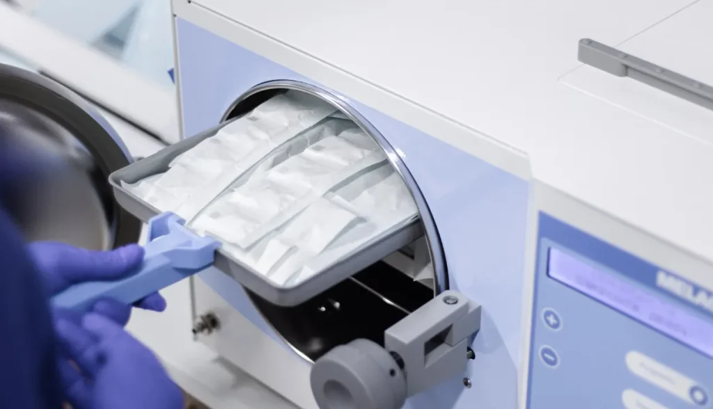 Gloved hand pulling a tray from an autoclave sterilizer.