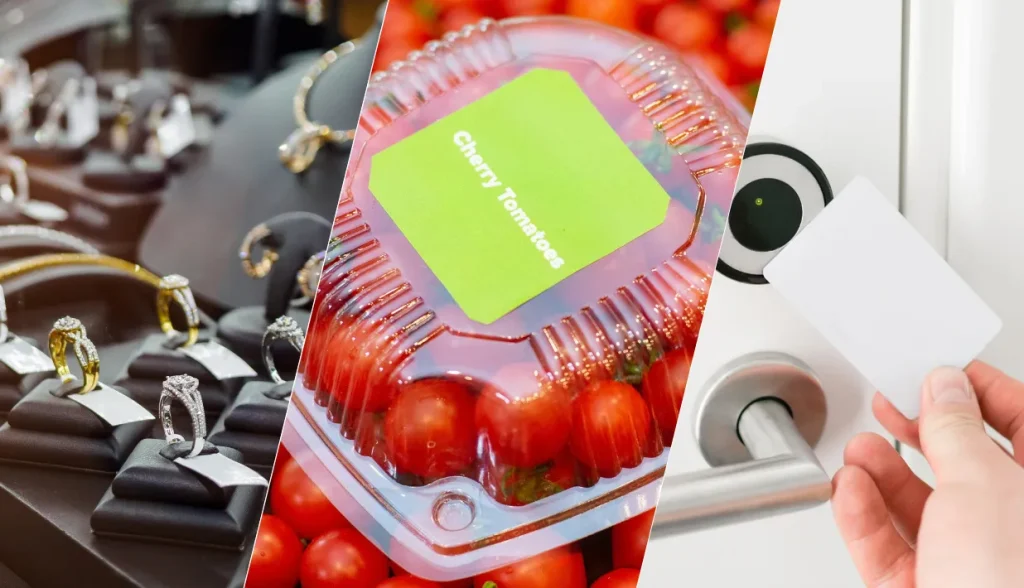 Split image showing NFC tag applications in jewelry retail, food packaging, and access control, highlighting diverse NFC tag dimensions for different use cases.