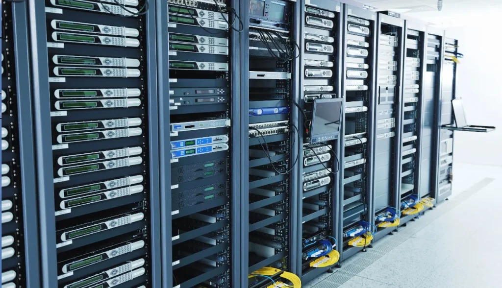 Server room with metal racks, one of the key environments where RFID works on metal is needed.