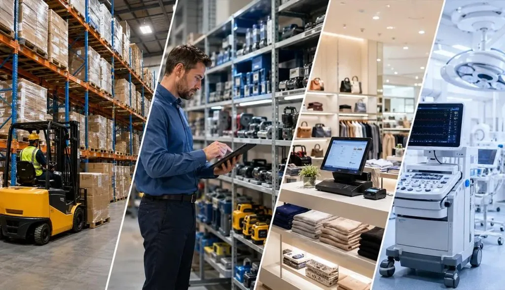 Collage showing diverse applications of UHF RFID chips using EPC Global Gen2 v2 protocol: warehouse logistics, industrial inventory, retail checkout, and medical equipment tracking.