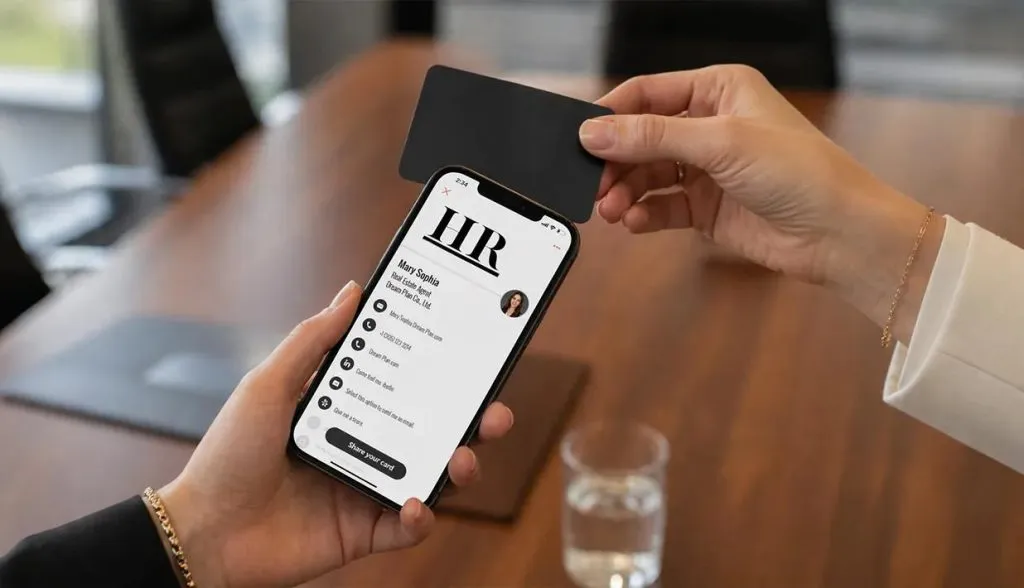 A person holding a smartphone displaying a digital business card, while another person taps an RFID-enabled contactless business card against the phone to share contact information, demonstrating how to use RFID tags for professional networking.