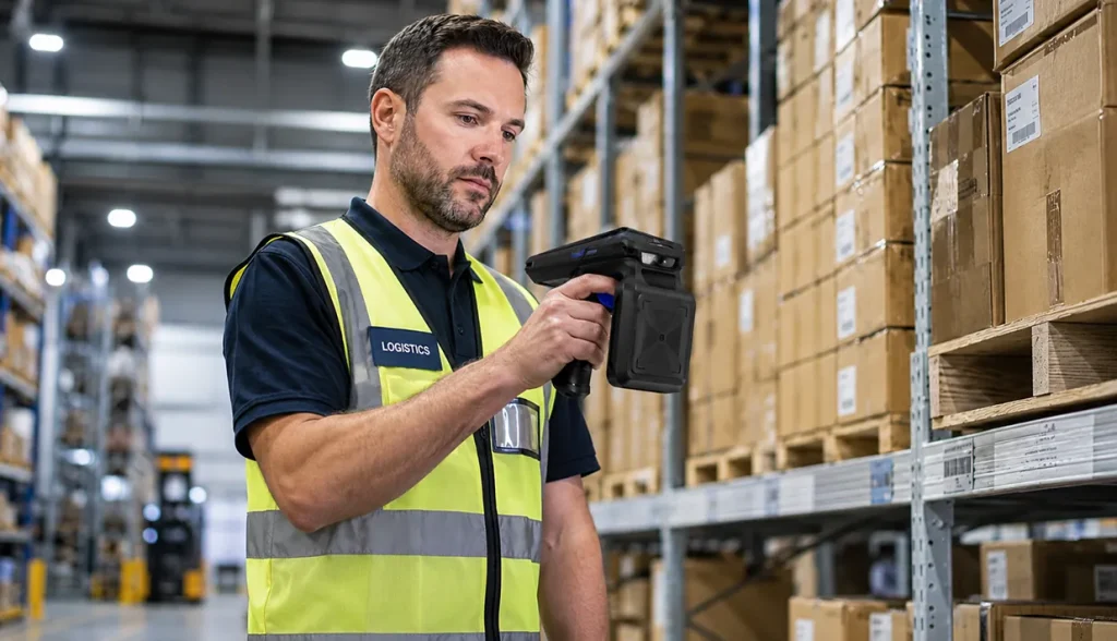 Un trabajador de almacén utilizando un escáner de mano para solucionar un problema con un lector RFID que no funciona.