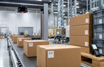 RFID Tag Placement The Complete 2026 Guide to Optimal Performance Warehouse conveyor belt with cardboard boxes labeled with RFID tags passing under a scanning system.