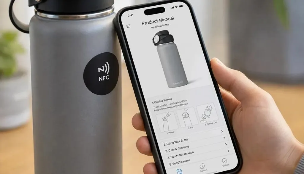A smartphone displays a product manual app after tapping an NFC/RFID tag on a reusable water bottle, showing how to use RFID tags to access smart product packaging and interactive user guides.