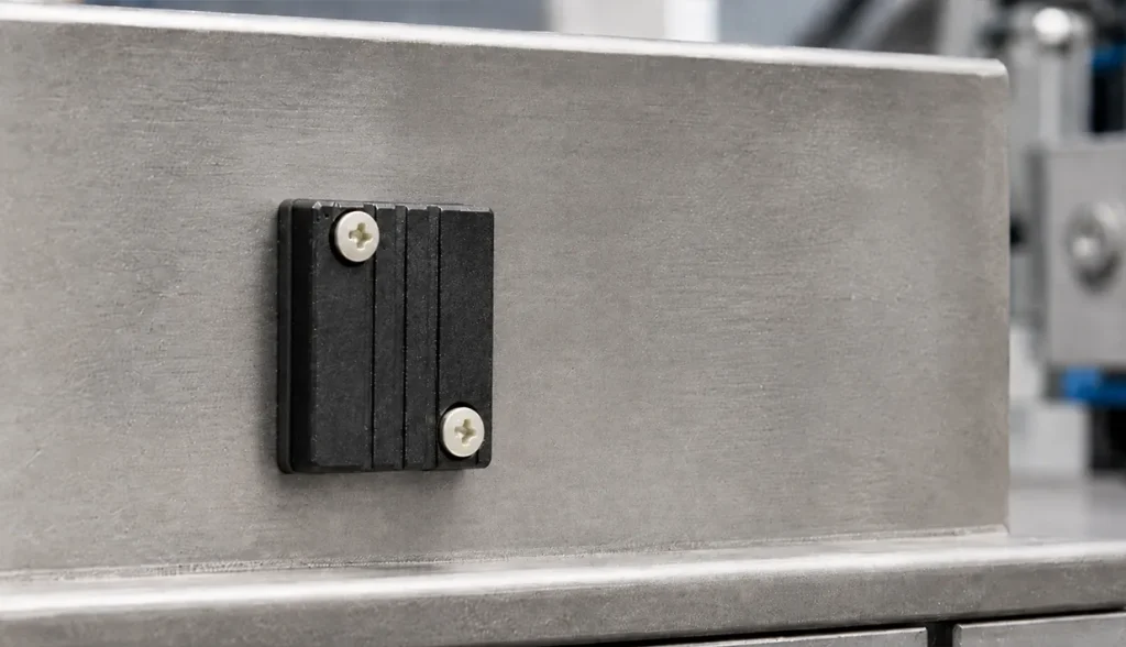 Etiqueta RFID instalada sobre metal, una causa común de mal funcionamiento del lector RFID debido a errores de colocación.