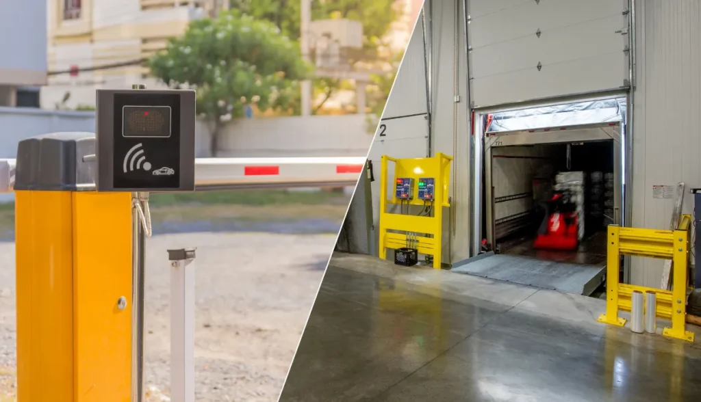 Vehicle barrier RFID reader and loading dock setup optimized with tailored RFID reader power ranges.