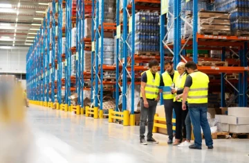 NXP UCODE 9 Features, Specifications, Benefits and RFID Applications Warehouse management team discussing inventory optimization powered by NXP UCODE 9 RFID chip in large modern distribution warehouse with high rack storage shelves.
