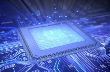 RFID TID vs EPC Understanding RFID Tag Identification and Memory Structure Close-up glowing semiconductor microchip on circuit board with binary data streams, RFID and EPC hardware core technology background.