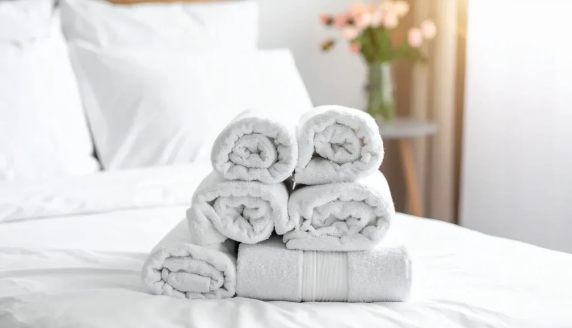 Neat rolled white hotel towels stacked on a clean guest room bed, showcasing hotel linen prepared for rooms for RFID towel tracking loss prevention.