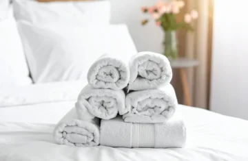 RFID-Towel-Tracking-How-Hotels-Reduce-Towel-Loss-and-Theft-1 Neat rolled white hotel towels stacked on a clean guest room bed, showcasing hotel linen prepared for rooms for RFID towel tracking loss prevention.