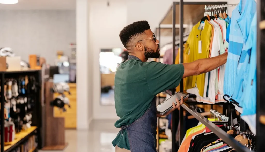 Personal de tienda minorista con tableta organizando percheros de ropa, demostrando el caso de uso del chip de etiqueta RFID UHF para prendas en la verificación y gestión del inventario en comercio minorista (Retail).