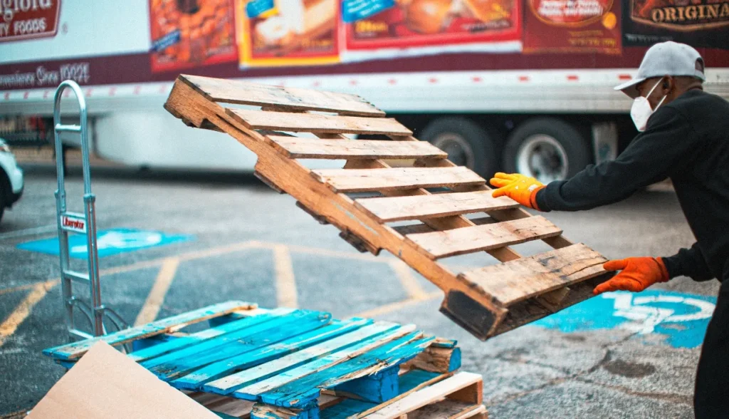 Warehouse worker handling empty wooden shipping pallet outdoors, manual pallet circulation managed through RFID pallet tracking systems.