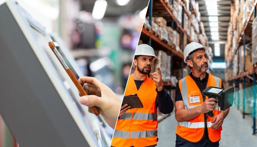 Split composite image: hand using touchscreen tablet, warehouse workers with RFID handheld reader on storage rack aisle, tech tools for selecting proper adhesive RFID asset tags.
