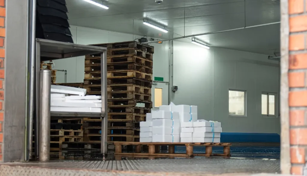 Wooden shipping pallets stacked inside refrigerated warehouse with foam cargo boxes, industrial cold storage facility for pallet RFID tracking operations.