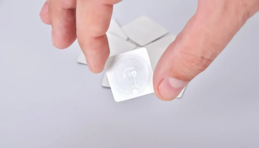 Close‑up shot of hand holding thin square adhesive NFC inlay sticker tag, showing internal antenna coil.
