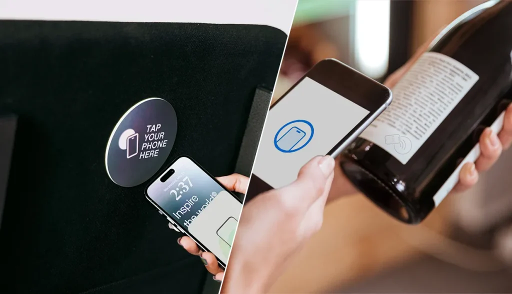 Split image demonstrating smartphone tapping NFC tags mounted on furniture and wine bottle for business interactive workflows.