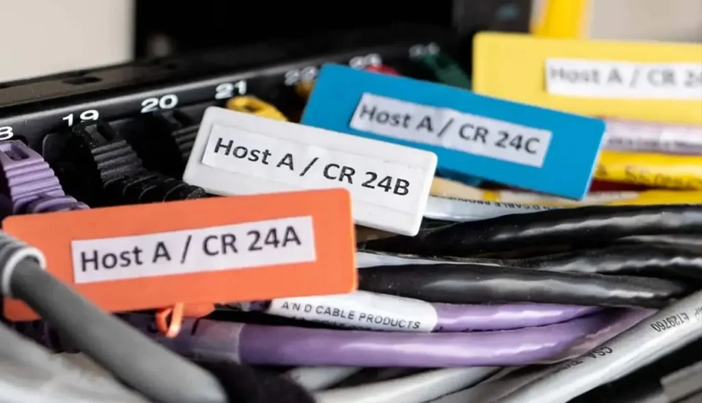 Color-coded tamper proof RFID cable labels marked Host A CR 24A 24B 24C attached to network wires inside server rack.