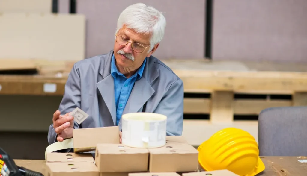 Factory worker examining square NFC sticker tag above stacked shipping cartons in industrial warehouse workspace.