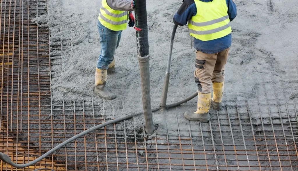 Construction workers pouring fresh concrete over steel rebar mesh on active building construction site.
