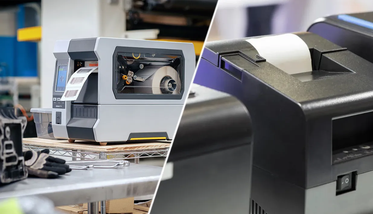 RFID Tag Printer vs. Regular Label Printer What’s the Difference Industrial RFID tag printer and standard thermal label printer side-by-side comparison in manufacturing workshop.