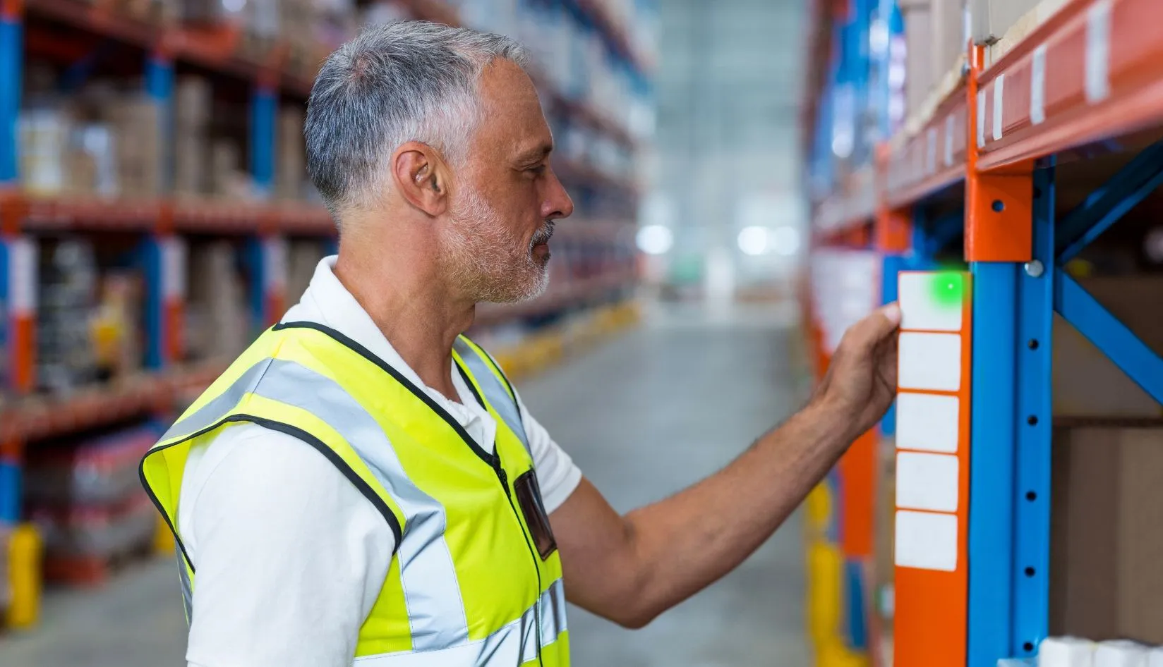 RFID LED Tags How Visual Identification Improves Item Picking and Verification Warehouse worker activating an illuminated RFID LED tag mounted on industrial storage rack for inventory verification.